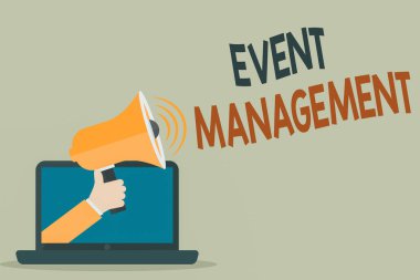 Olay Yönetimini gösteren metin işareti. Büyük ölçekli eylemlerin kavramsal fotoğraf oluşturulması ve geliştirilmesi festivalleri Hu Analiz Eli PC Monitor Holding Megaphone 'dan çıkıyor..