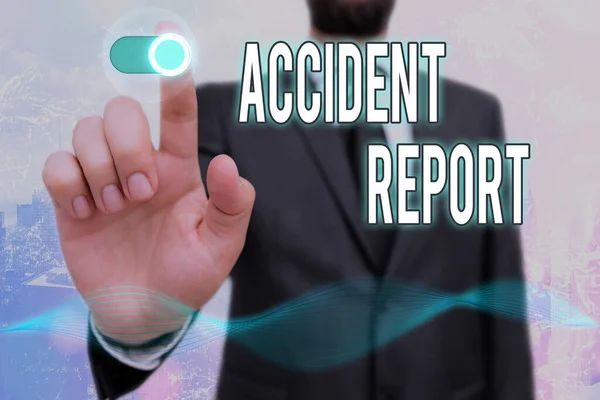 Conceptual hand writing showing Accident Report. Business photo text A form that is filled out record details of an unusual event. — Stock Photo, Image