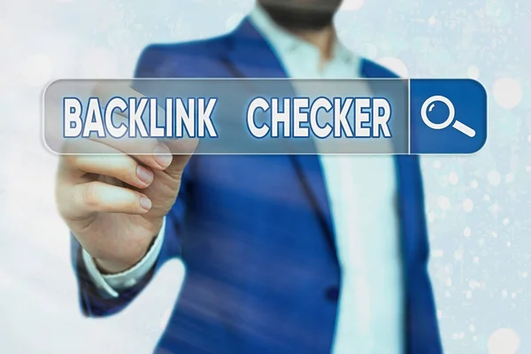 Texto de escritura a mano Backlink Checker. Concepto significado Encuentra a tus competidores más valiosos y patrones planos . — Foto de Stock