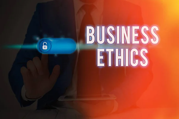 Nota di scrittura che mostra Business Ethics. Business photo in mostra i principi morali che guidano il modo in cui un business si comporta . — Foto Stock