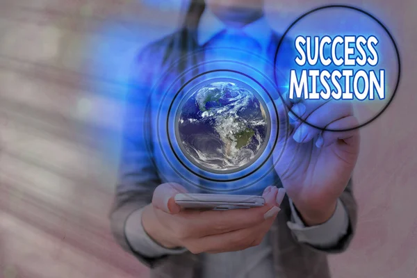 Writing note showing Success Mission. Business photo showcasing getting job done in perfect way with no mistakes Task made Elements of this image furnished by NASA. — Stock Photo, Image