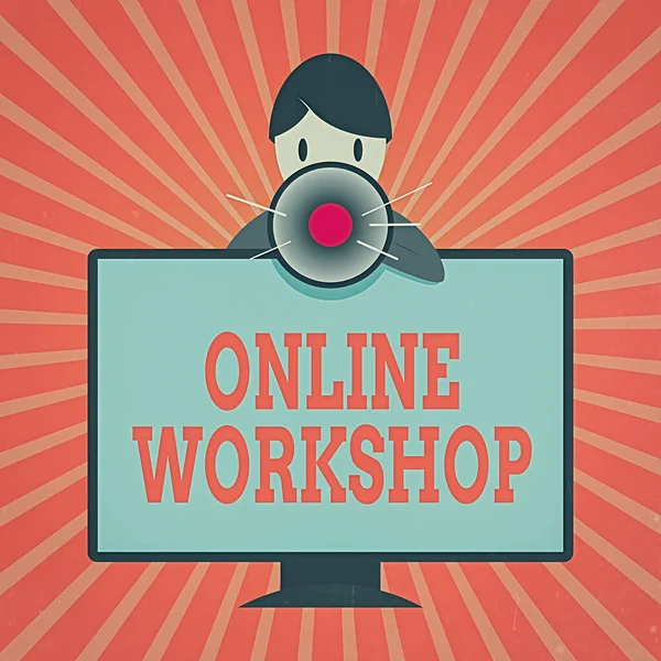 Εννοιολογική γραφή στο χέρι που δείχνει Online Workshop. Business photo showcasing shows of goods and commodities πάνω από τις ηλεκτρονικές ιστοσελίδες Man Behind mounted PC Monitor Μιλώντας και κρατώντας Megaphone. — Φωτογραφία Αρχείου