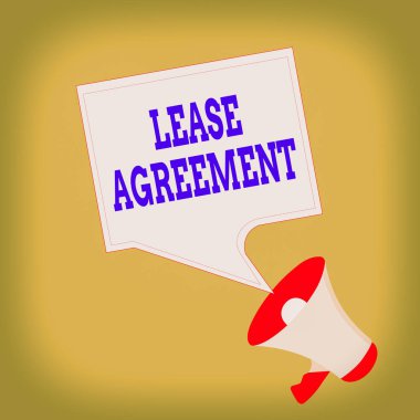 Konsept el yazısı kira sözleşmesini gösteriyor. İş Fotoğrafları Sözleşmesi 'nde bir partiye kira sözleşmesi, Megafon ve Boş Meydan Konuşması Kamu Duyurusu kabul edildi.