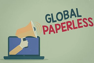 Küresel Evraksız 'ı gösteren mesaj işareti. Kağıt Hu Analiz Eli yerine teknoloji yöntemleri için kullanılan kavramsal fotoğraf Cilt Simgesi Simgesi ile PC Monitor Holding Megaphone 'dan çıkıyor.