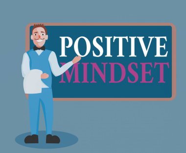 Kelime yazma metni Pozitif Düşünce. Zihinsel ve duygusal davranışlar için iş konsepti, iyi tarafa odaklanan Erkek Garson Gülümseyen Üniformalı El Sunar Boş Menü Kurulu.