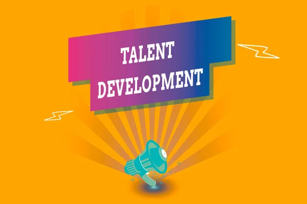 Scrittura concettuale a mano che mostra Talent Development. Business photo text Abilità di costruzione Migliorare il potenziale Leader Megafono lampo e forma rettangolare con ombra . — Foto Stock