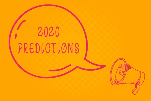 Escritura manual conceptual que muestra las predicciones de 2020. Lista de texto de fotos de negocios de las cosas que usted siente que va a suceder sin la prueba Transparent Speech Bubble Shining icon and Outline Megaphone . — Foto de Stock