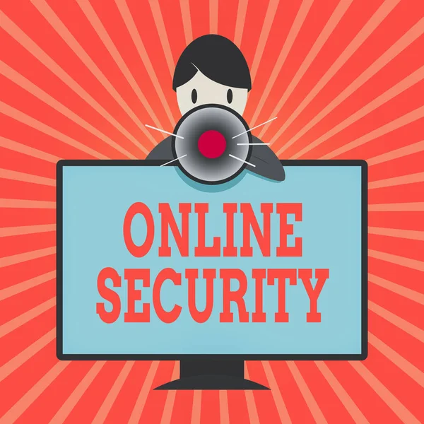 Conceptuele handschrift tonen Online Security. Zakelijke foto presentatie regels om te beschermen tegen aanvallen op de Internet Man achter gemonteerde PC Monitor Talking en Holding Megaphone. — Stockfoto