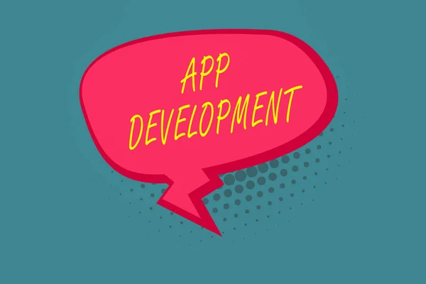 Writing note showing App Development. Business photo showcasing Development services for awesome mobile and web experiences Blank Oblong Halftone Speech Bubble Zigzag Tail and Shade.