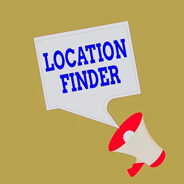 Konceptuell handstil som visar Location Finder. Företagsfoto showcasing En tjänst som presenteras för att hitta adressen till en vald plats Megaphone och Blank Square Speech Bubble Offentligt tillkännagivande. — Stockfoto