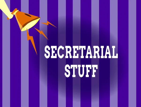 Handwriting text writing Secretarial Stuff. Concept meaning Secretary belongings Things owned by an individualal assistant Hu analysis Hand Holding Megaphone Downward with Lightning Sound Effect Icon. — Stock Photo, Image