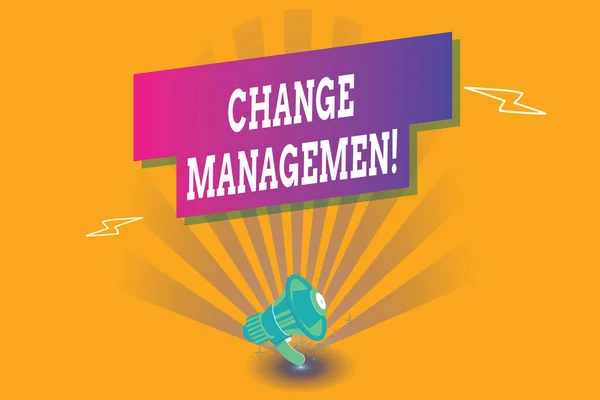 Conceptuele handschrift toont Change Management. Business foto tekst Vervanging van leiderschap in een organisatie Nieuw beleid Megafoon Lightning Burst en Rechthoekige vorm met schaduw. — Stockfoto