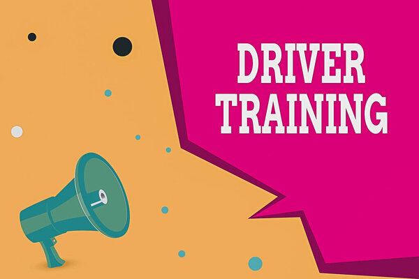 Conceptual hand writing showing Driver Training. Business photo text prepares a new driver to obtain a driver s is license Megaphone Loudspeaker and Blank Geometric shape Half Speech Bubble.