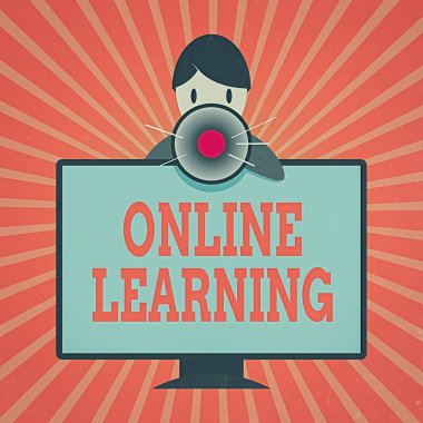 Çevrimiçi Öğrenme 'yi gösteren kavramsal el yazısı. Larning 'in internet yardımıyla çekilmiş bir iş fotoğrafı ve monte edilmiş PC Monitör Konuşan ve Tutulan Megafon' un arkasındaki bir bilgisayar adamı..