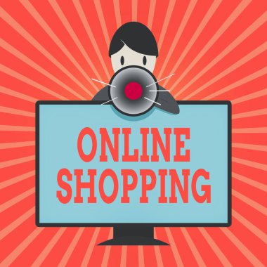 Çevrimiçi alışverişi gösteren kavramsal el yazısı. İş fotoğraflarının sergilenmesi, tüketicilerin mallarını Internet Man üzerinden satın almalarına olanak sağlıyor. Monitörlü PC Monitör Konuşmaları ve Megafon Tutmaları Arkasında.