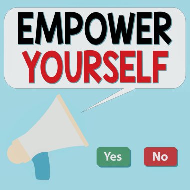 Kendini Güçlendirdiğini gösteren bir not yazıyorum. İş fotoğrafçılığı hayatın kontrolünü ele alıyor. Hedefleri olumlu seçimler olarak belirliyor. Konuşma Baloncuğu Megafonu ile Seçim Düğmesi Yeşil ve Kırmızı..