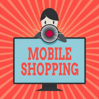 Mobil Alışveriş 'i gösteren kavramsal el yazısı. Mobil Adam Arkasında Monitörlü Konuşan ve Megafon Tutan Mobil Adam aracılığıyla mal ve hizmetlerin satın alınıp satıldığı iş fotoğrafı sergisi.