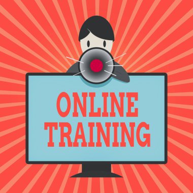 Çevrimiçi Eğitimi gösteren kavramsal el yazısı. İş fotoğrafı sergisi. Elektronik araçlardan eğitim programını alın. Monte edilmiş bilgisayar monitörünün arkasındaki adam konuşuyor ve megafonu tutuyor..