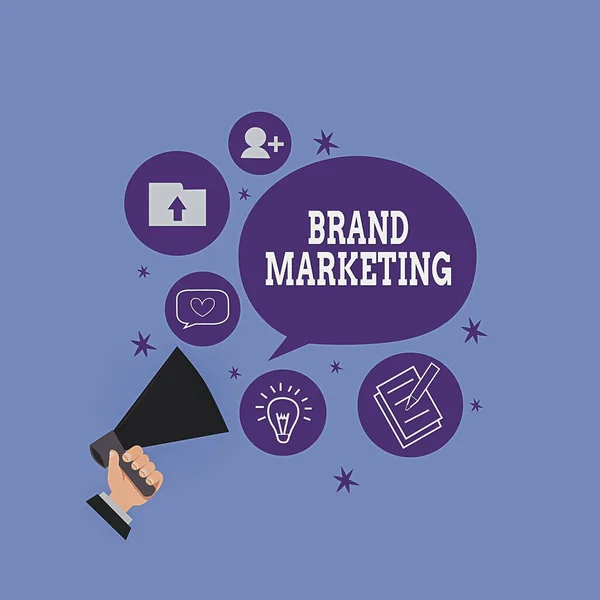 Handwriting text Brand Marketing. Concept meaning Creating awareness about products around the world Hu analysis Hand Holding Megaphone Talking Different Topic and Speech Bubble. — Stock Photo, Image