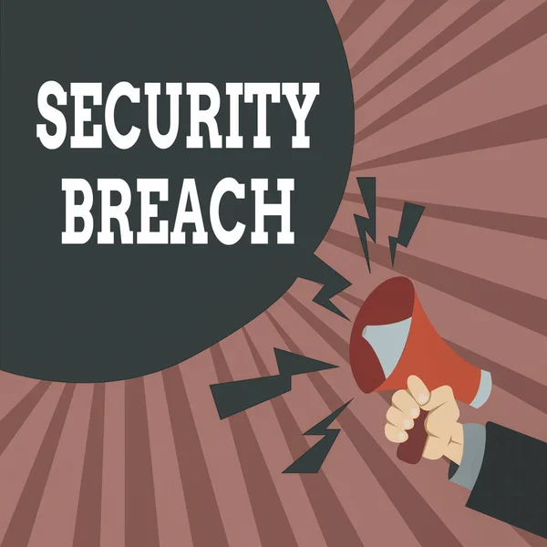 Conceptual hand writing showing Security Breach. Business photo showcasing incident that results in unauthorized access of data Male Hu analysis Hand Holding Megaphone Blank Speech Bubble. — Stock Photo, Image