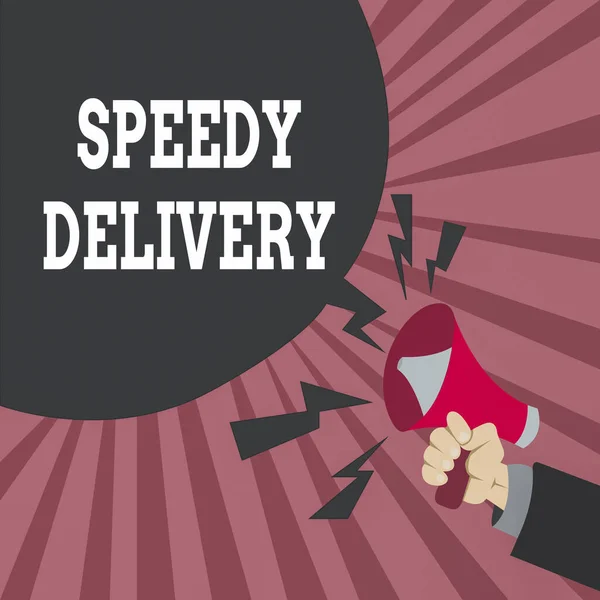 Conceptual hand writing showing Speedy Delivery. Business photo showcasing provide products in fast way or same day shipping overseas Male Hu analysis Hand Holding Megaphone Blank Speech Bubble. — Stock Photo, Image