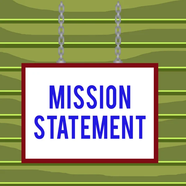 Conceptual hand writing showing Mission Statement. Business photo showcasing Formal summary of the aims and values of a company Whiteboard rectangle frame attached surface chain panel.