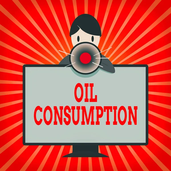 Conceptual hand writing showing Oil Consumption. Business photo showcasing This entry is the total oil consumed in barrels per day Man Behind mounted PC Monitor Talking and Holding Megaphone. — Stock Photo, Image