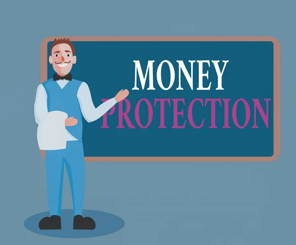 Word writing text Money Protection. Geschäftskonzept zum Schutz des Mietgeldes, das Mieter an Vermieter zahlen, Männlicher Kellner, der lächelnd in einheitlicher Hand eine leere Speisekarte präsentiert. — Stockfoto