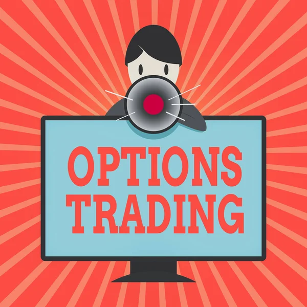 Ecriture conceptuelle montrant le trading d'options. Photo d'affaires montrant différentes options pour faire des biens ou des services répartis dans le monde entier Homme Derrière le moniteur de PC monté Parler et tenir un mégaphone . — Photo