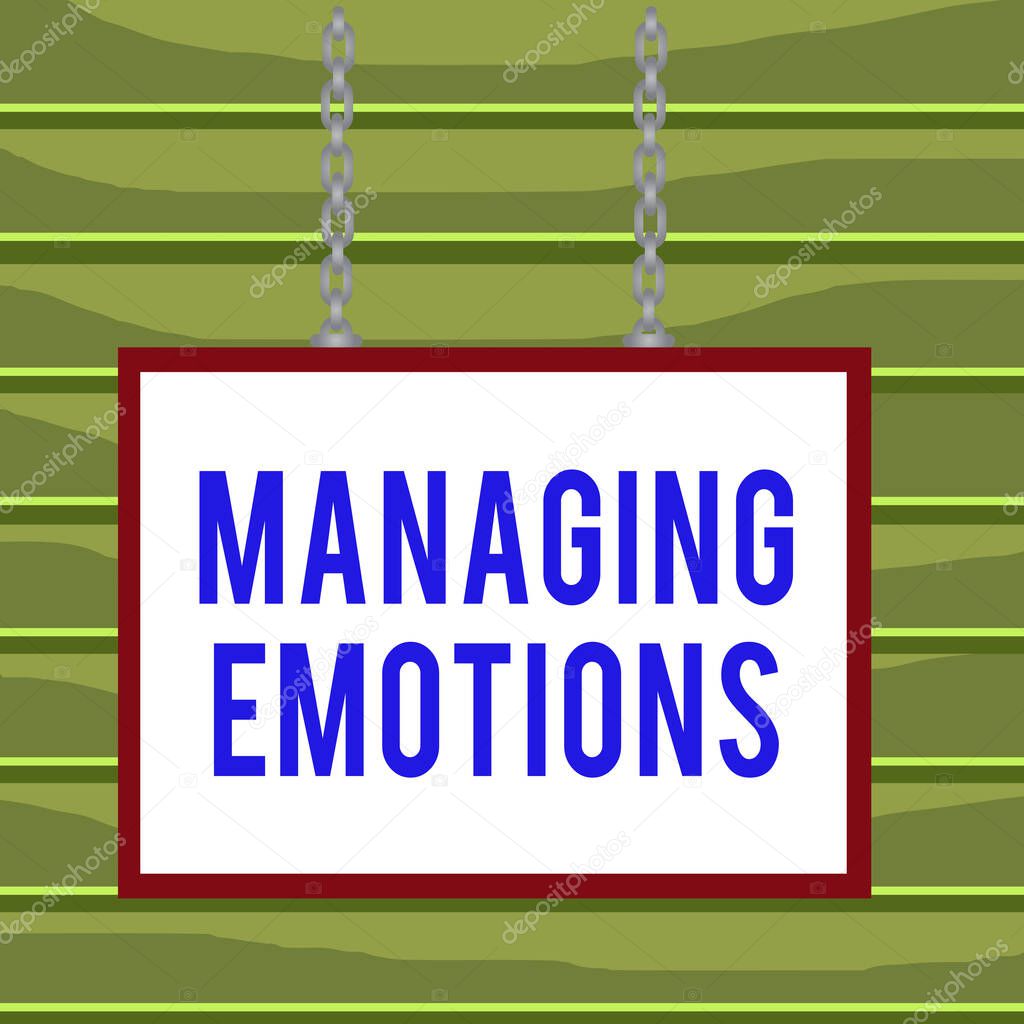 Conceptual hand writing showing Managing Emotions. Business photo showcasing Controlling feelings in oneself Maintain composure Whiteboard rectangle frame attached surface chain panel.