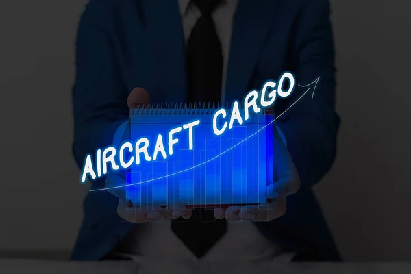 Conceptual hand writing showing Aircraft Cargo. Business photo text Freight Carrier Airmail Transport goods through airplane.