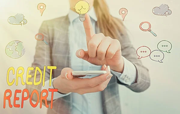 Schreiben Notiz zeigt Credit Report. Business-Foto zeigt die Kreditaufnahme Rap Sheet Bill and Dues Payment Score Debt History. — Stockfoto