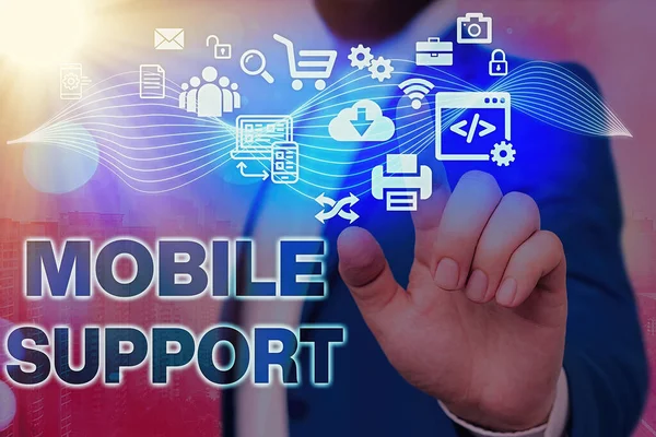 Handschrifttekst Mobiele ondersteuning. Concept betekent Biedt onderhoud aan draagbare apparaten technische problemen. — Stockfoto