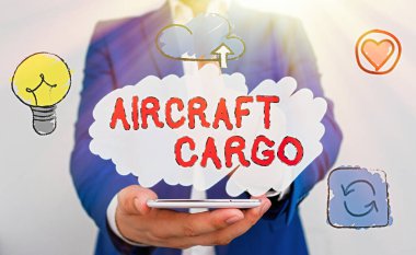 Uçak Kargosunu gösteren kavramsal el yazısı. İş fotoğrafı metni Nakliye Hava Yolları Malzemeleri uçakla taşınıyor.