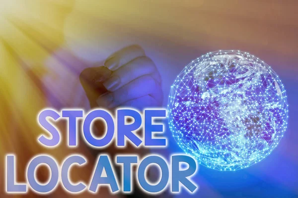 Handwriting text writing Store Locator. Concept meaning to know the address contact number and operating hours Elements of this image furnished by NASA. — Stock Photo, Image