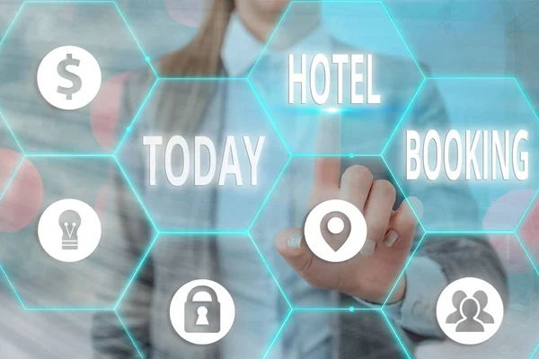 Skrivanteckning som visar Hotel Booking. Affärsfoto visa upp online reservationer Presidentsvit De Luxe Hospitality. — Stockfoto