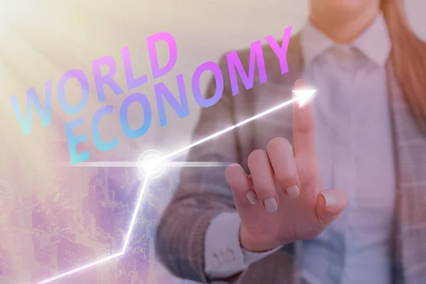 Text sign showing World Economy. Conceptual photo Global Worldwide International markets trade money exchange. — Stock Photo, Image