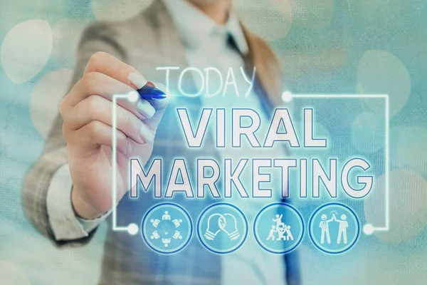Writing note showing Viral Marketing. Business photo showcasing whereby consumer encouraged share information via Internet.