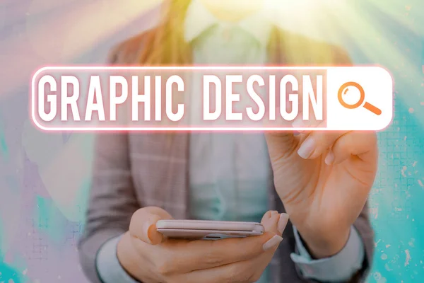 Grafikai tervezést ábrázoló szöveges jel. Koncepcionális fotó művészet vagy készség a szöveg és a képek kombinálására a reklámokban. — Stock Fotó