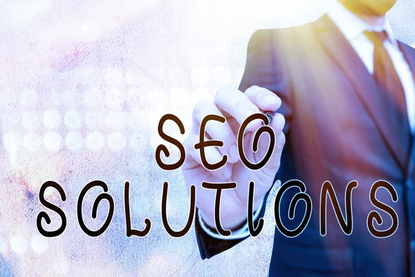 Signo de texto que muestra Seo Solutions. Foto conceptual Motor de búsqueda Página de resultados Aumentar los visitantes por rankings . — Foto de Stock