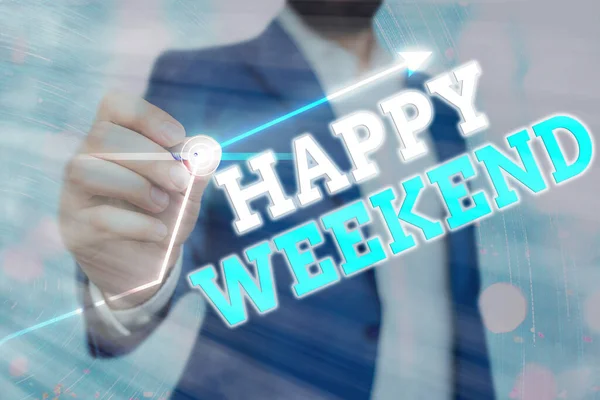 Conceptual hand writing showing Happy Weekend. Business photo showcasing Cheerful rest day Time of no office work Spending holidays. — Stock Photo, Image