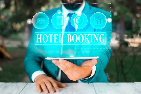 Rukopis text Hotel Booking. Koncept význam Online rezervace Prezidentské apartmá De Luxe pohostinství. — Stock fotografie