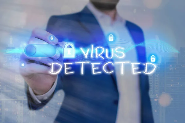 Texto de escritura de palabras Virus detectado. Concepto de negocio para un programa de computadora utilizado para prevenir y eliminar malware . — Foto de Stock