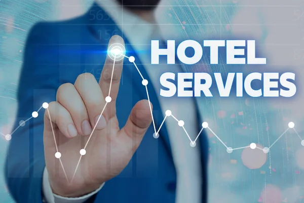 Escribiendo nota que muestra los servicios del hotel. Exposición de fotos de negocios Instalaciones Servicios de un alojamiento y alojamiento . — Foto de Stock