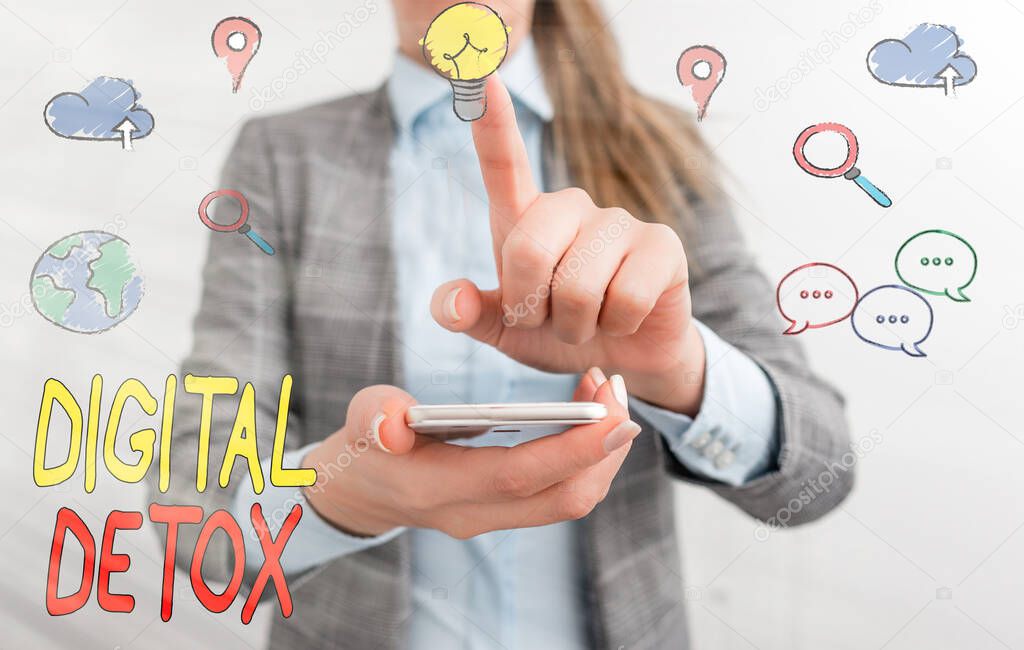 Writing note showing Digital Detox. Business photo showcasing Free of Electronic Devices Disconnect to Reconnect Unplugged.