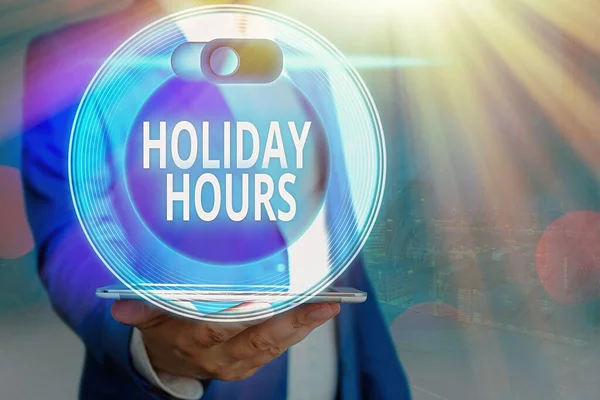 Handwriting text Holiday Hours. Concept meaning Schedule 24 or7 Half Day Today Last Minute Late Closing. — Stock Photo, Image