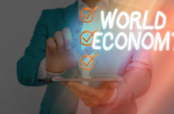 Word writing text World Economy. Business concept for Global Worldwide International markets trade money exchange. — Stock Photo, Image