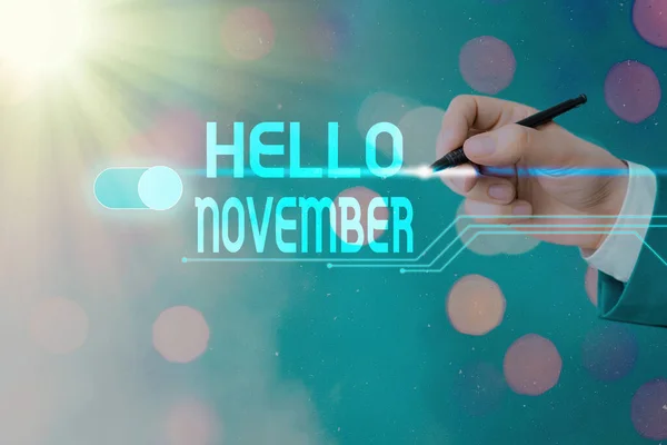 Textschild mit Hallo November. Willkommen im elften Monat des Jahres Monat vor Dezember. — Stockfoto