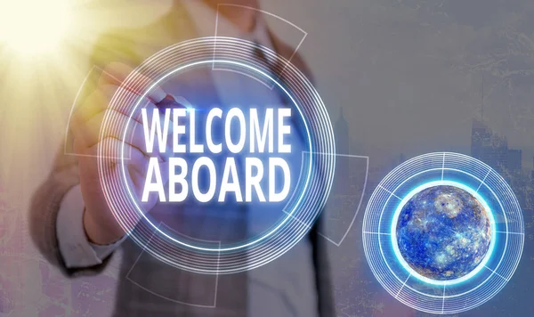 Conceptual hand writing showing Welcome Aboard. Business photo text Expression of greetings to an individual whose arrived is desired Elements of this image furnished by NASA.