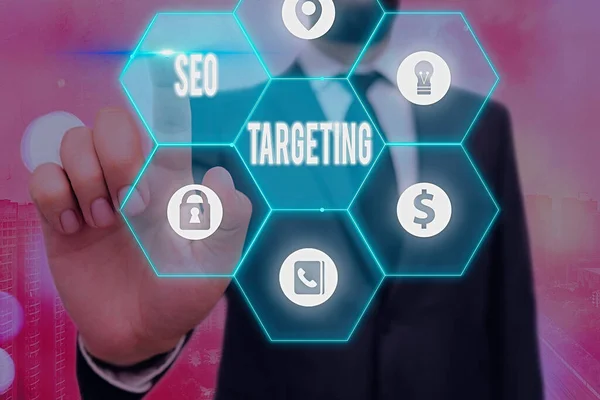 Escritura a mano de texto Seo Targeting. Concepto que significa Palabras clave específicas para la página de destino de ubicación Dominio superior . — Foto de Stock